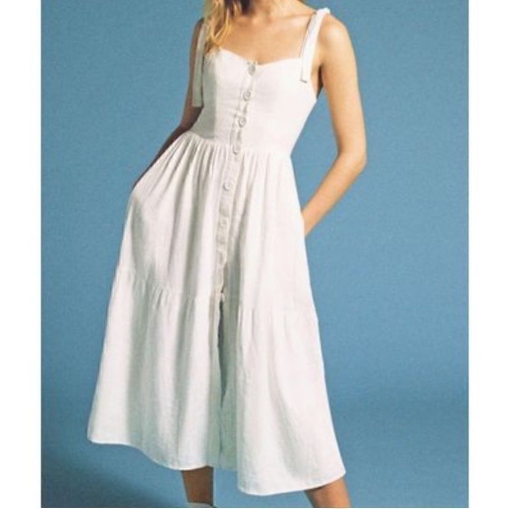 Urban Outfitters Positano Tie Shoulder Button Front Linen Dress L